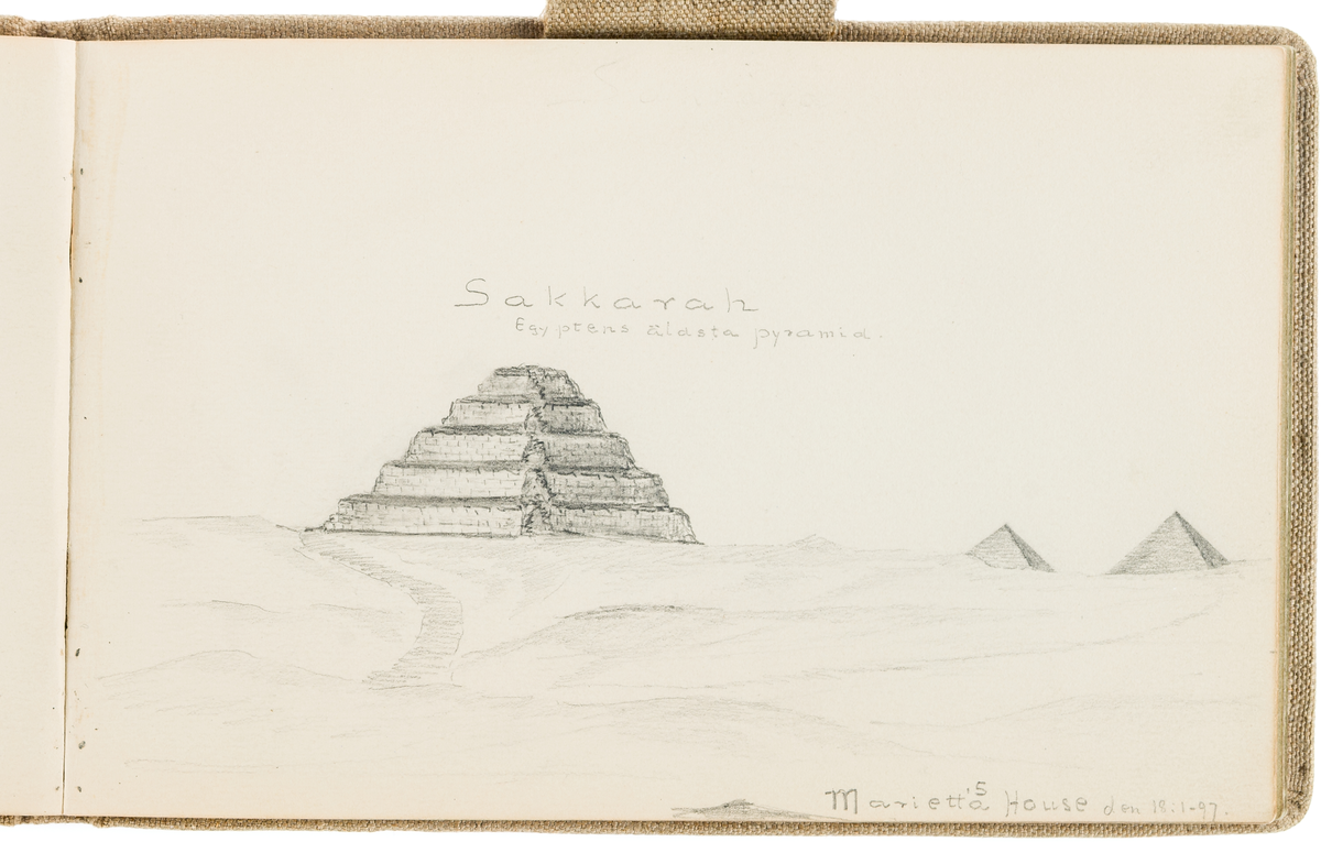 Denna blyertsteckning föreställer en vy över pyramider i Sakkara med Djosers trappstegspyramid i centrum.