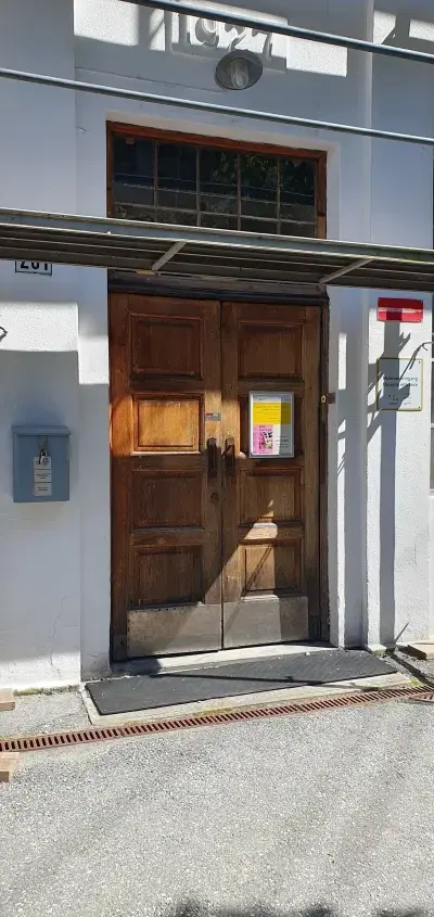 Dobbel eikedør i hvit vegg, ytterdør.