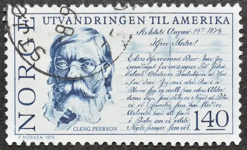 Frimerke med portrett av Cleng Peerson og brevtekst på.