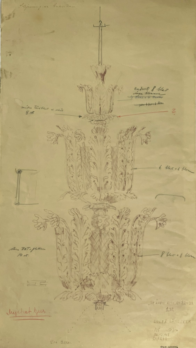 Arbetskopia av ritning/skiss på belysningsglas till Luleå läroverk. Utförd av Simon Gate för Orrefors glasbruk.