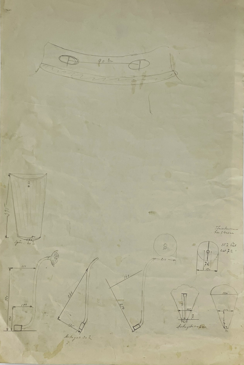 Arbetskopia av ritning/skiss på belysningsglas till Luleå läroverk. Utförd av Simon Gate för Orrefors glasbruk.