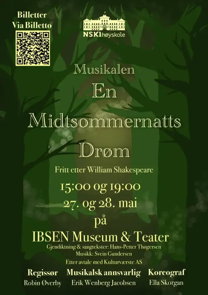 Plakat for oppsetningen av "En Midsommernatts Drøm" på Ibsen Museum & Teater 27. og 28. mai 2025