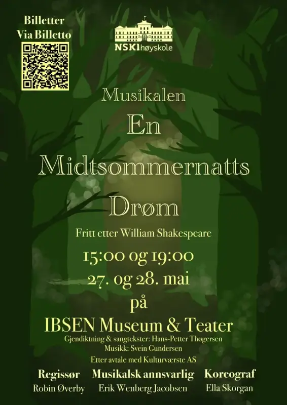 Plakat for oppsetningen av "En Midsommernatts Drøm" på Ibsen Museum & Teater 27. og 28. mai 2025