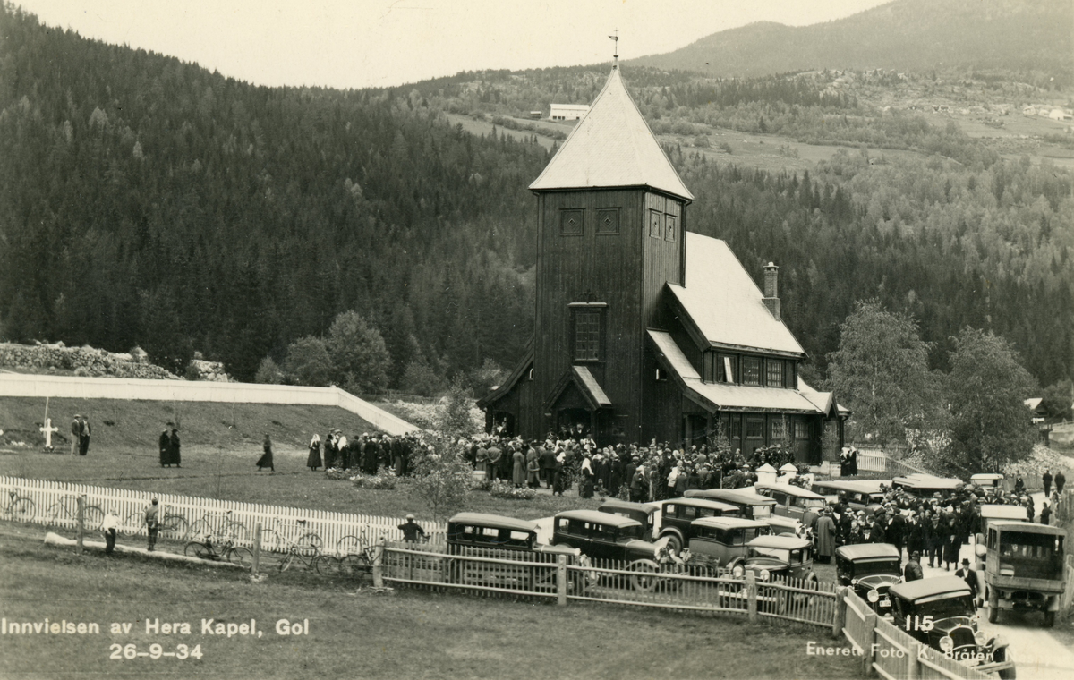 Postkort
Innvielse av Herad kapell (kyrkje) Gol i 1934