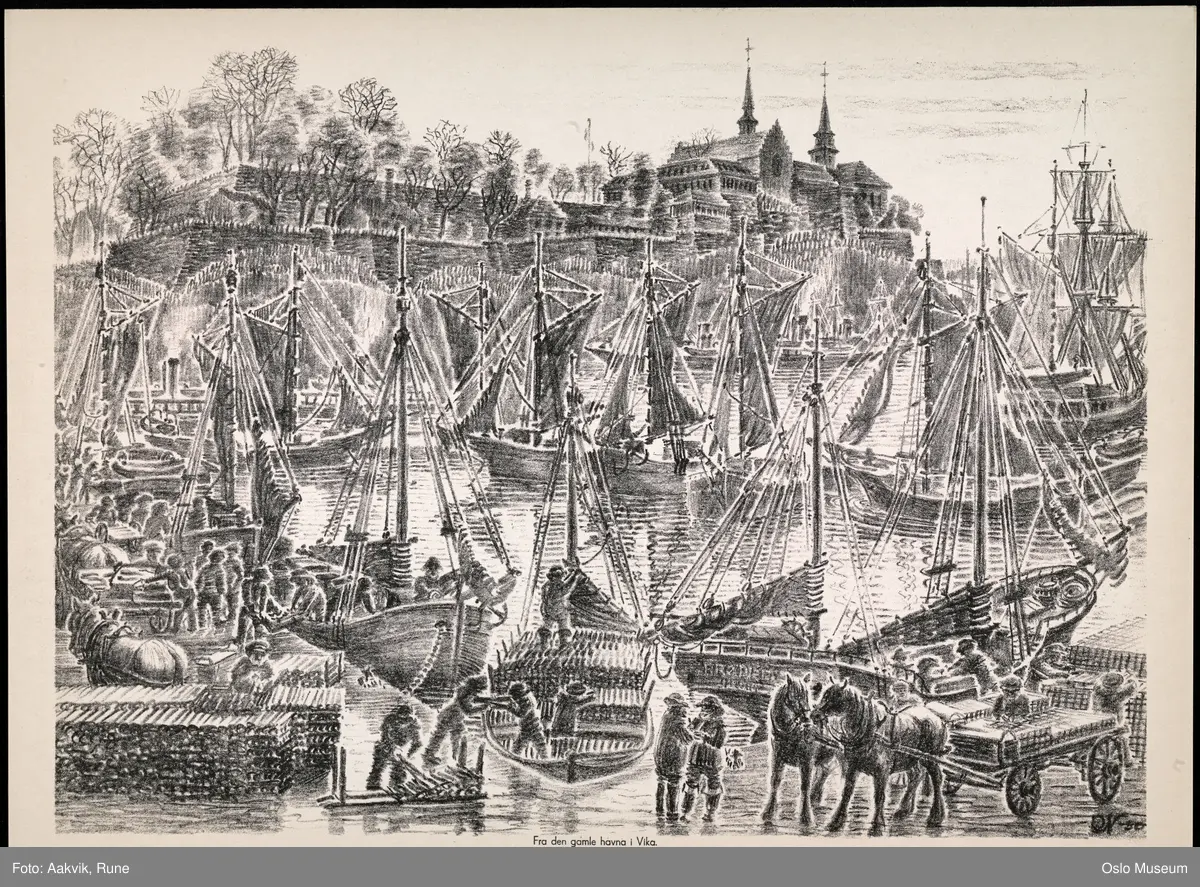 Fra den gamle havna i Vika [litografi]