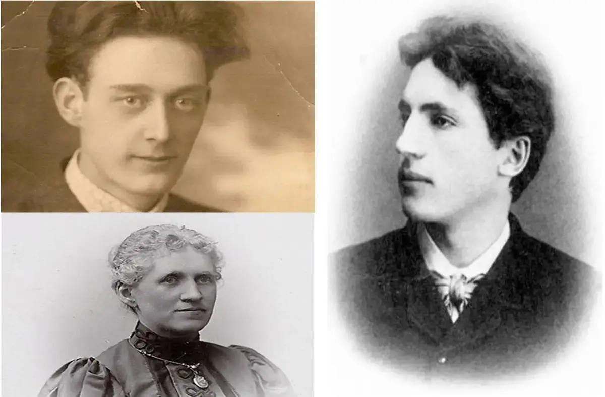 Fotoporträtt av två unga män och en kvinna i svartvitt.