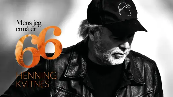 Svart-hvitt bilde av Henning Kvitnes med navn og logo for konserten: Mens jeg ennå er 66