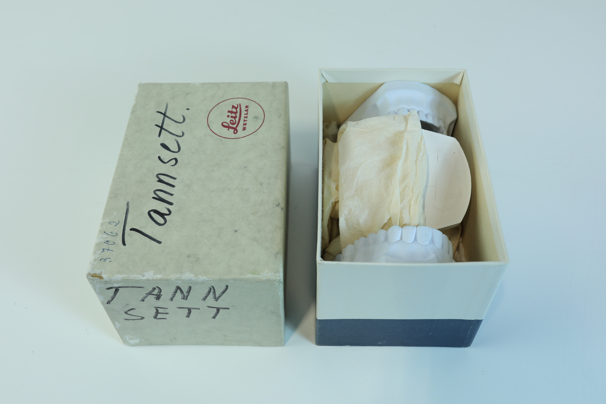 Liten pappeske med to tannsett i gips.