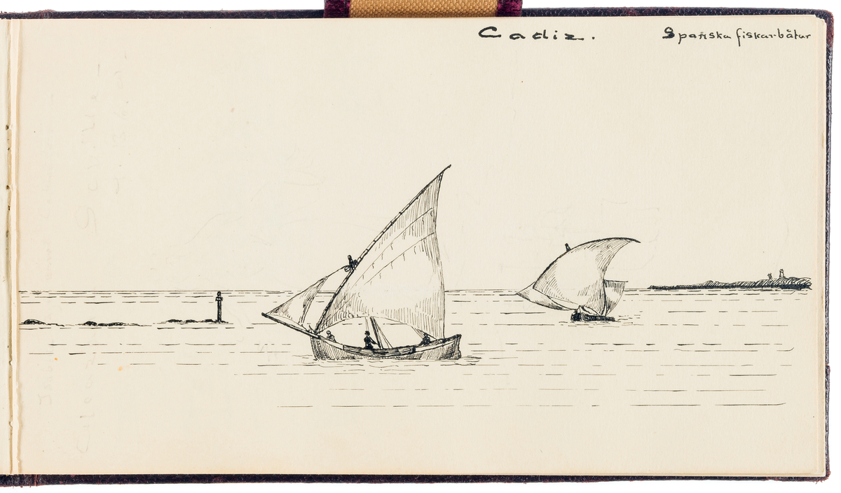 Denna blyertsteckning visar spanska fiskebåtar på havet utanför Cadiz.