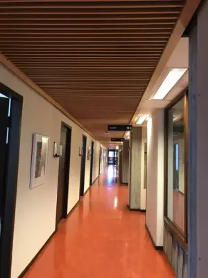 Korridor med röd golvmatta i Regionens hus, Härnösand