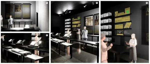 Fire illustrasjoner satt sammen for å vise hvordan en arkivutstilling kan gjøres, med ulike tekster opphengt på vegg og dokumenter lagt fram i monter.