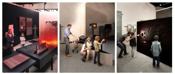 Tredelt tegning som viser en voksen og et barn som ser på et utstillingsbord, to voksne som hjelper tre barn med en ballaktivitet og en voksen som peker på en detalj i en utstilling til sine to barn.