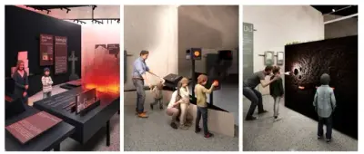 Tredelt tegning som viser en voksen og et barn som ser på et utstillingsbord, to voksne som hjelper tre barn med en ballaktivitet og en voksen som peker på en detalj i en utstilling til sine to barn.