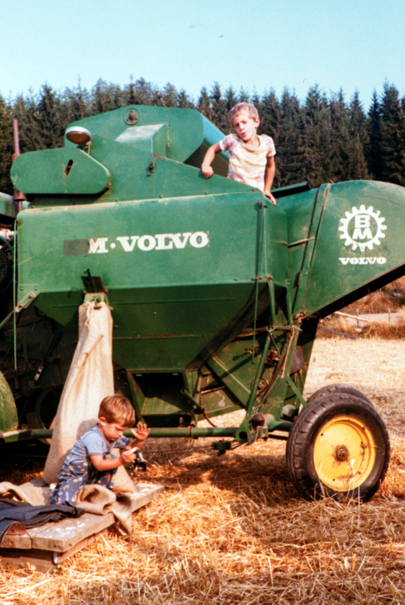 Stange, Espa, Kjeldsrud gård. Høst 1983. Innhøsting. Skurtresker Volvo BM. Anders Romsaas Borgersen 5 ½ år oppi tanken. Edvard Romsaas Borgersen 3 år sitter på kornsekkene.