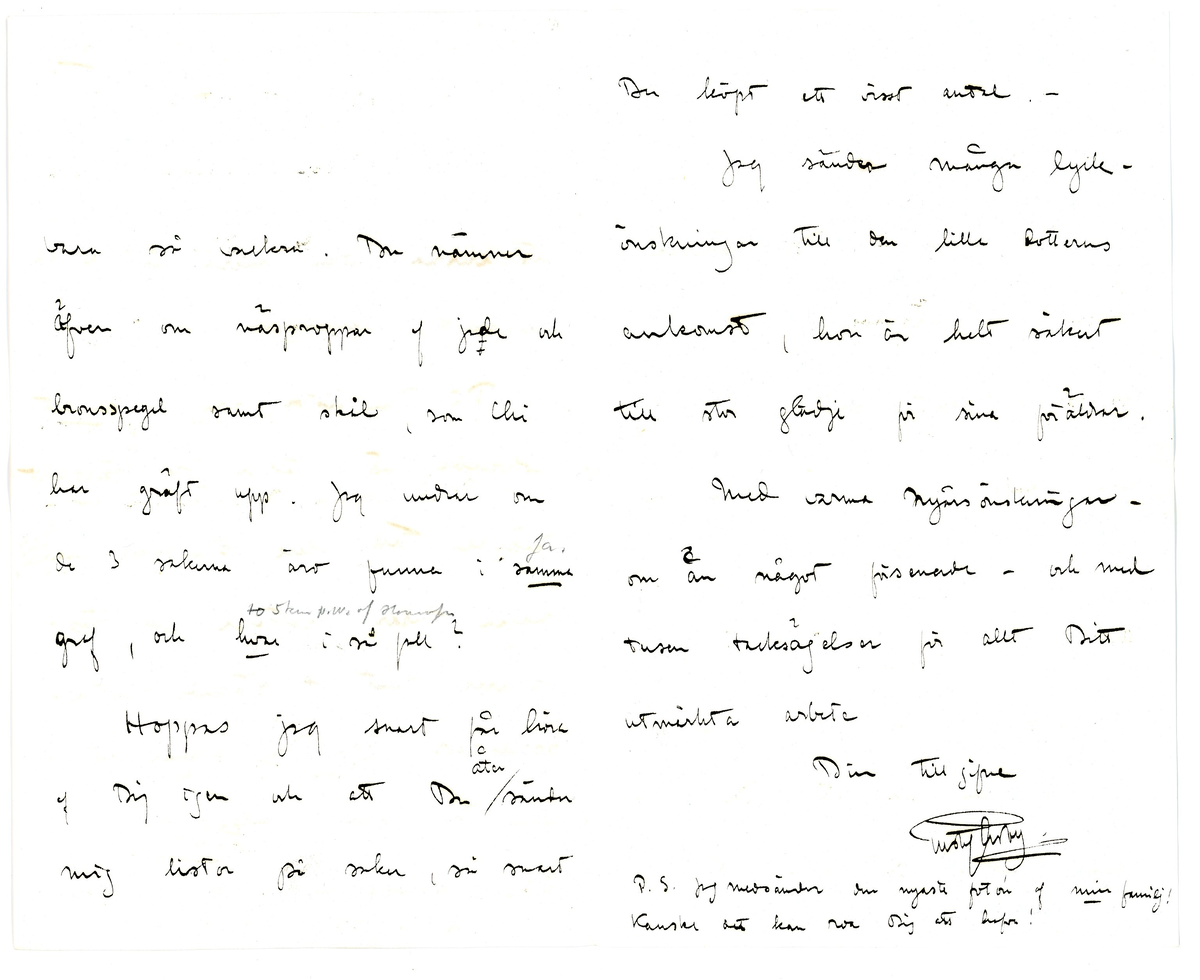 Brev från prins Gustaf Adolf år 1913 adresserat till professor Erik T. Nyström i Peking, Kina (China). 

Brevpapper och kuvert från Sofiero, Helsingborg.

Brevet rör inköp av föremål / antikviteter från Kina.

"Juli 13. 1913
Tack för ett bref jag fick härom dagen. Jag kan nu glädja Dig med att alla sakerna nu äro räddade och komma att afsändas från Manila om några dagar. Det hela var verkligen bland det mäst oturliga jag någonsin hört. Det första meddelandet var att Nippon strandat och att akka sakerna voro förlorade. Snart kom emellertid meddelande att sakerna räddats och glad var jag. Men i samma vefva fick jag höra att ett bärgningsbolag lagt beslag på både Nippon och lasten och man fordrade en skäligt hög lösensumma. Underhandlignar följer och med nyss nämnda glädjande resultat.
Tack emmellertid för Ditt erbjudande att söka skaffa andra saker. Det är möjligt att jag någon gång i framtiden kommer att begagna mig häraf?
I London och jag varit två månader har jag sett en mängd vackra saker och köpt några. I Feb. och Mars nästa år kommer att i Stockholm anordnas en Kinesiks konstutställning och hoppas jag den blir lyckad. 

Din tillgifne
Gustaf Adolf"