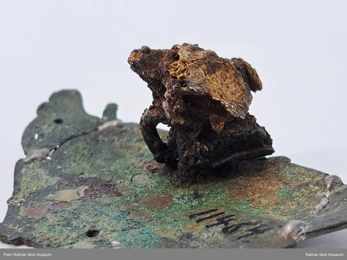 KLM 11464. Spänne(?). Gjuten välvd del av brons. Ornering med långsträckta detaljer där vissa delar av orneringen är genombruten och fyra hål ser ut att ha varit del av någon typ av fästanordning. På baksidan en anhopning av korrosion med del av vad som troligen är en länk av en kedja. Länken har oval form och är cirka 1,3 cm lång. I samma anhopning sitter en mindre bit, eventuellt en benbit. Spännet saknar delar samt har äldre lagningar på båda sidor, synliga på baksidan.