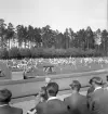 Gymnastiken 1944.
Gymnastikuppvisning (truppgymnastik) av yngre, manliga gymnaster. 
Fotot taget från publikläktaren.