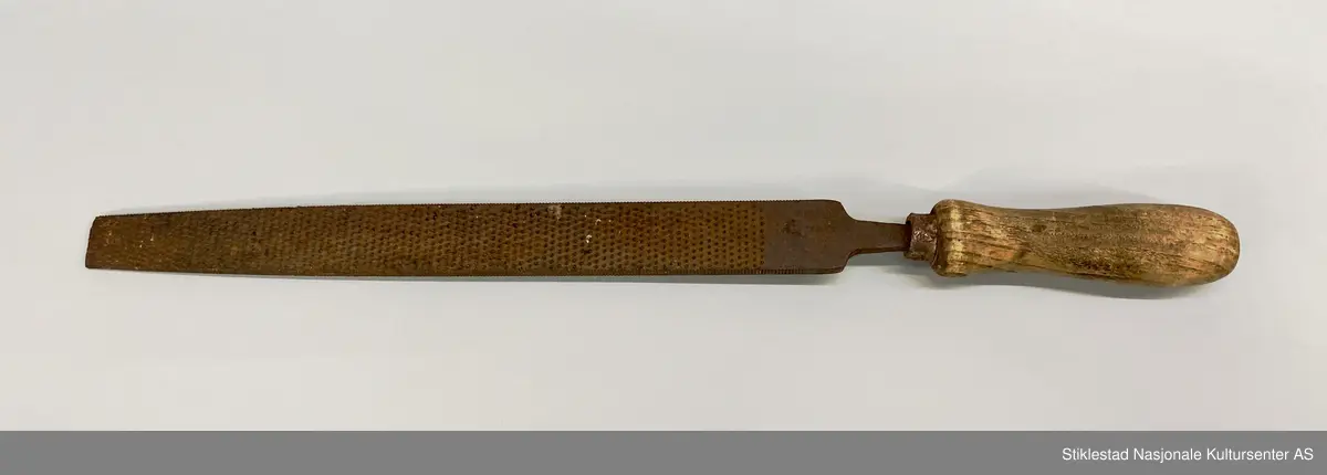 Fabrikkprodusert rasp med dreid skaft av løvtre. Raspa er flat på begge sider og smalner av mot enden, spissen er knekt. Holk i blikk. Innsnevring i nedre del av skaft for bedre grep. En god del rust.