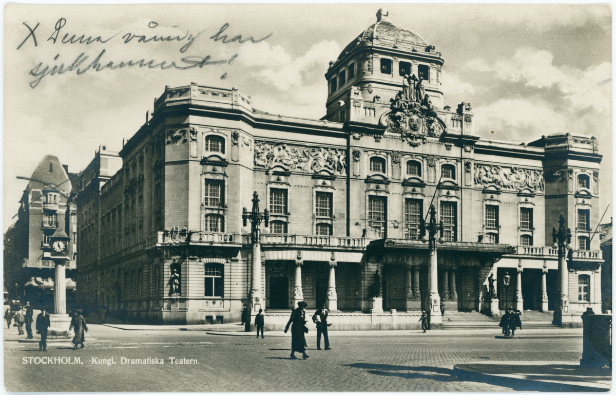 Stockholm. Kungl. Dramatiska teatern. Hälsning från Georg Nyström till Nanny Nyström