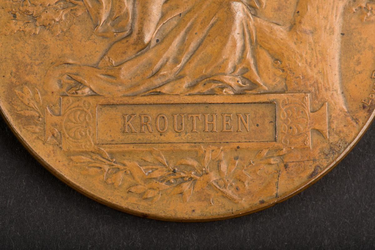 Åtsidan: en man lagerkrönande en kvinna, inskription: EXPOSITION UNIVERSELLE 1889.
Frånsidan: en kvinna blåsande trumpet framför Napoleons byst, inskription: REPUBLIQUE FRANCAISE.