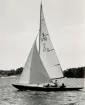 Fotografi ur Detlow von Brauns album. Segelbåten 5-S72 SUNNY seglar Internationella 5-m-pokalen
med rorsman Bullen Jacobsson.