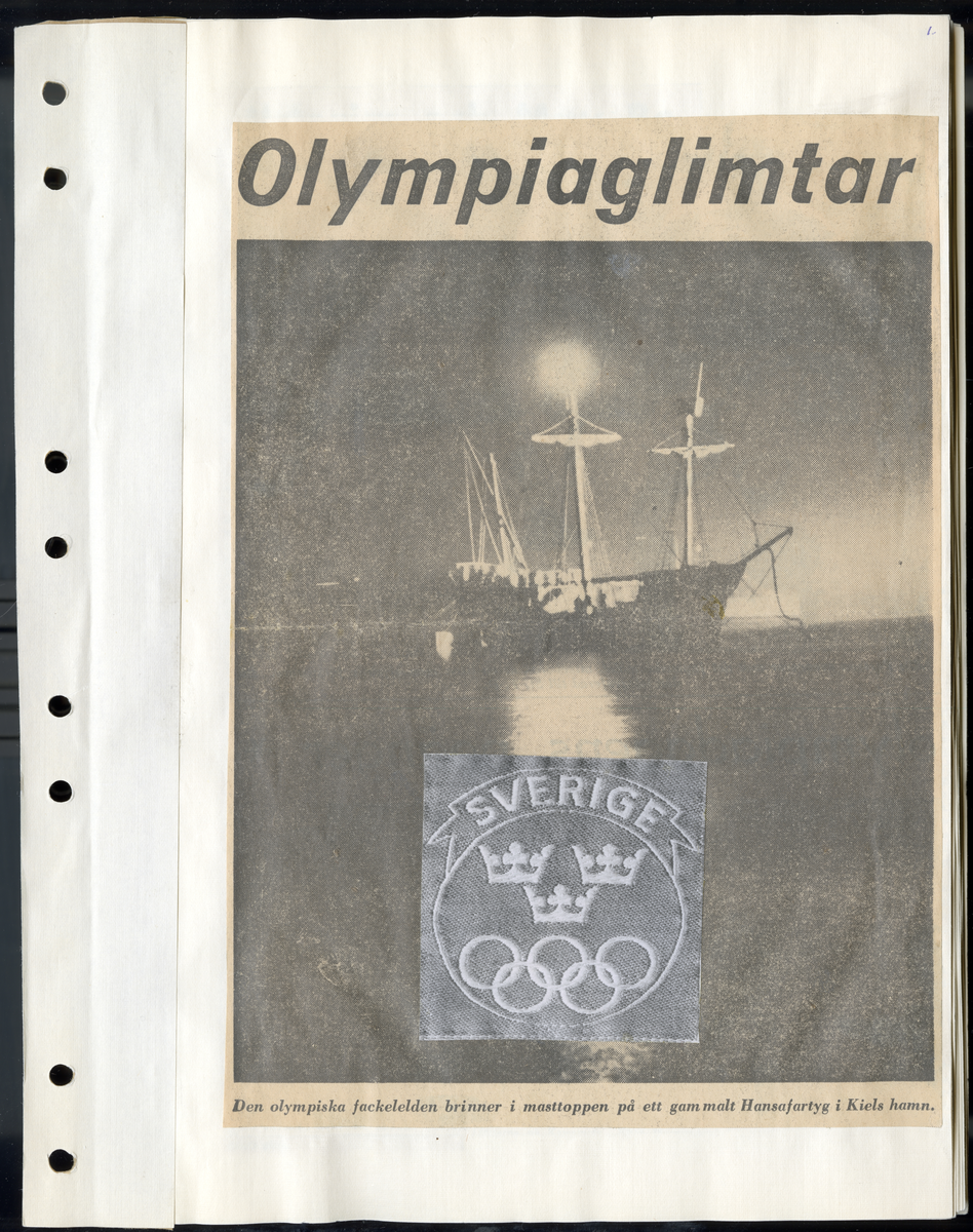 Sida ur Detlow von Brauns fotoalbum. Tidningsurklipp om olympiaden i Berlin och Kiel 1936.