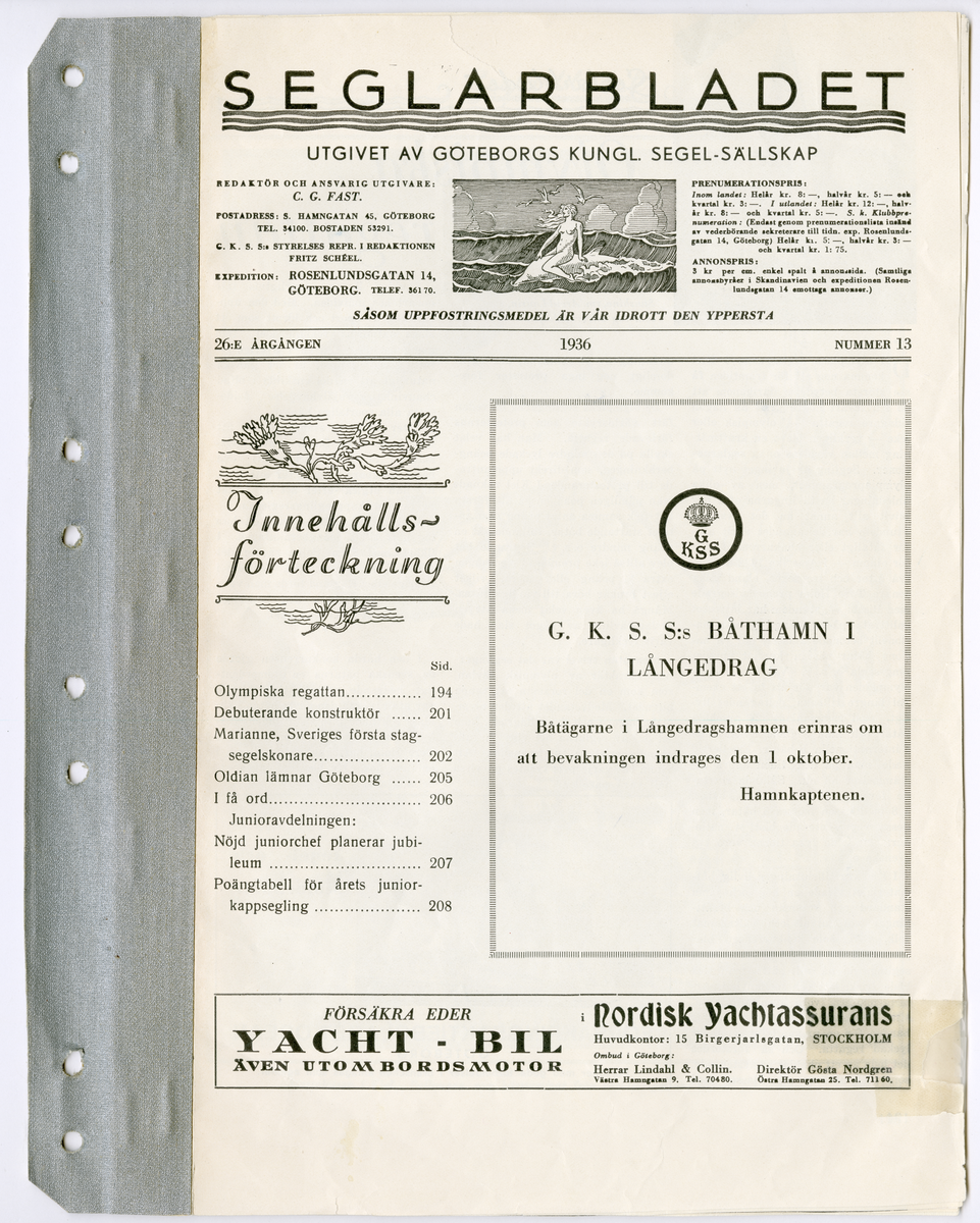 Sida ur Detlow von Brauns fotoalbum. Tidningsartiklar om olypiaden från tidningarna Seglarbladet och Rodret.