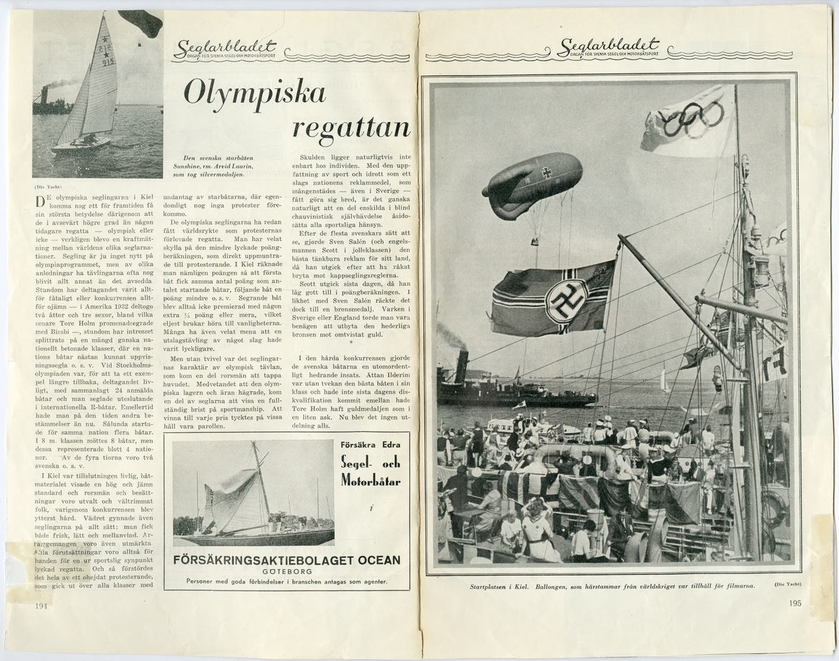 Sida ur Detlow von Brauns fotoalbum. Tidningsartiklar om olypiaden från tidningarna Seglarbladet och Rodret.