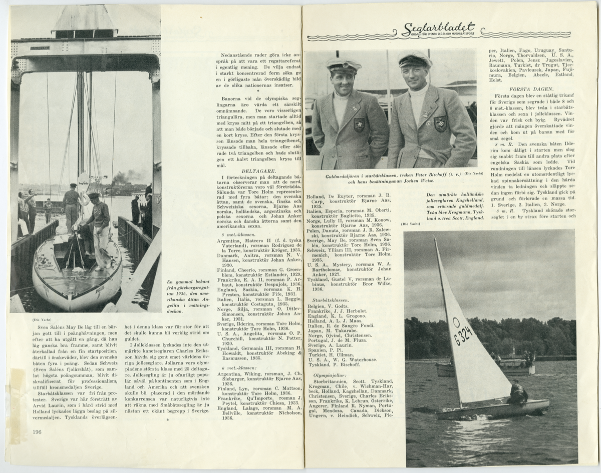 Sida ur Detlow von Brauns fotoalbum. Tidningsartiklar om olypiaden från tidningarna Seglarbladet och Rodret.