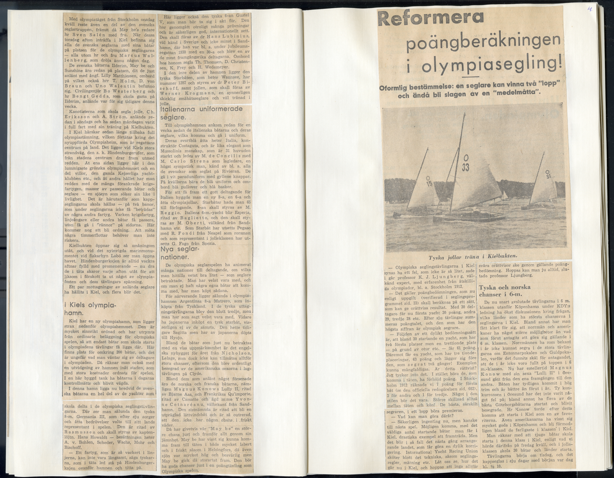 Sida ur Detlow von Brauns fotoalbum. Tidningsurklipp om olympiaden i Berlin och Kiel 1936.