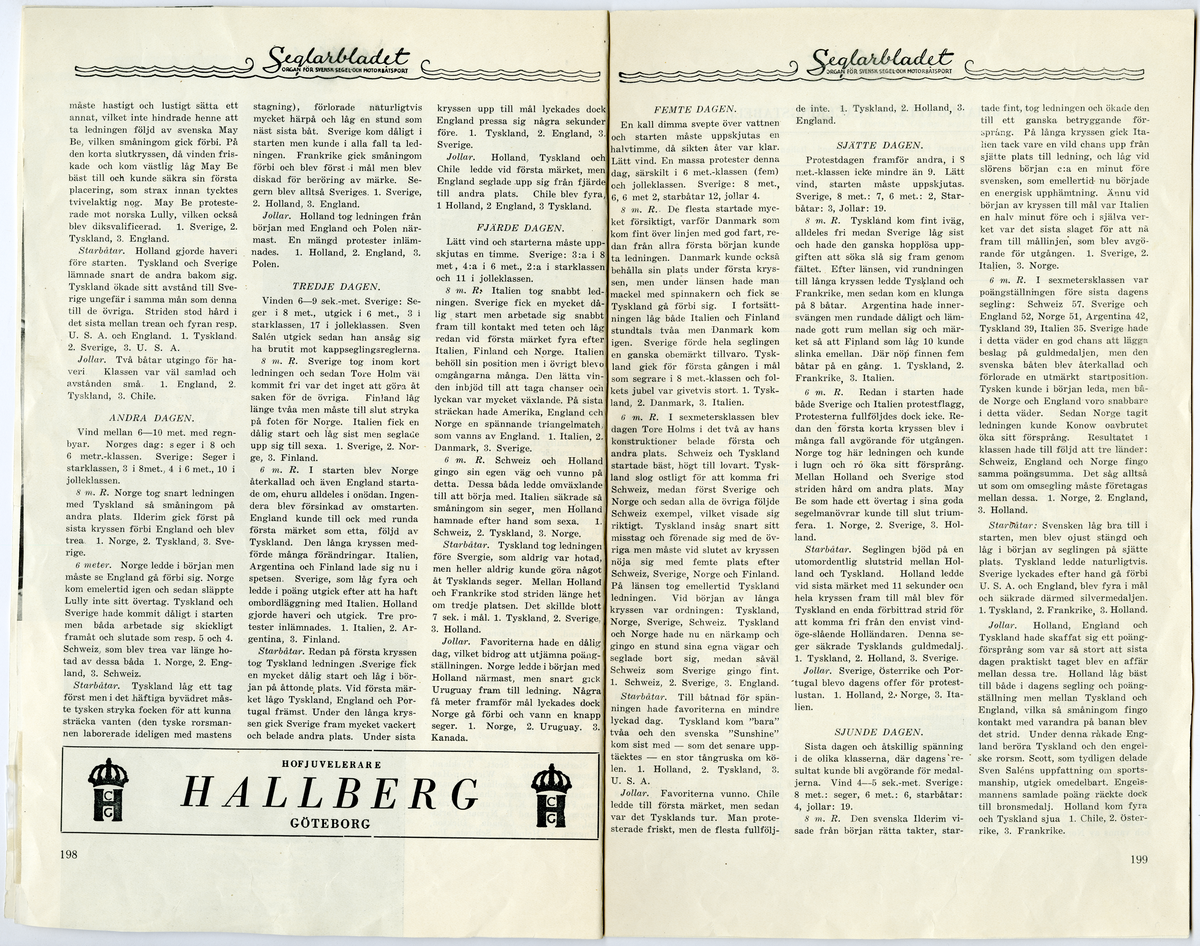 Sida ur Detlow von Brauns fotoalbum. Tidningsartiklar om olypiaden från tidningarna Seglarbladet och Rodret.