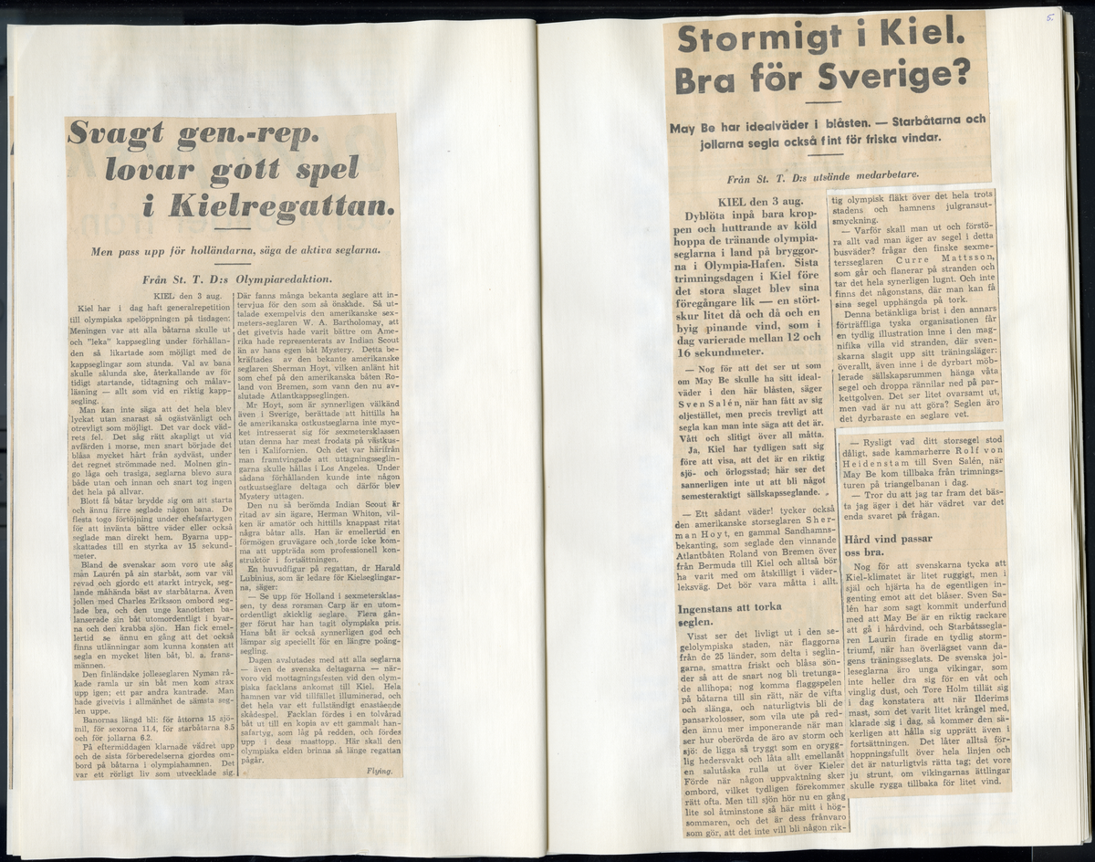 Sida ur Detlow von Brauns fotoalbum. Tidningsurklipp om olympiaden i Berlin och Kiel 1936.