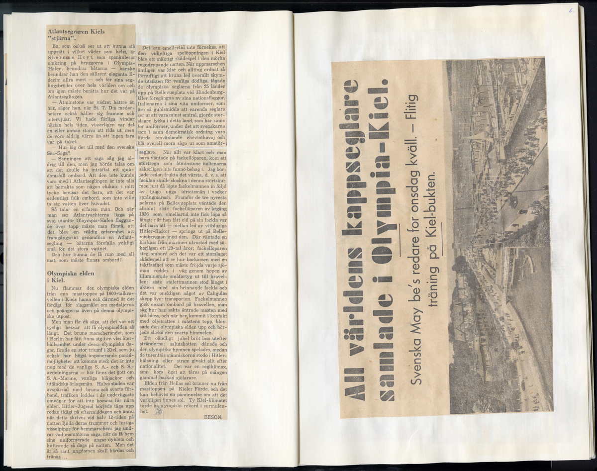Sida ur Detlow von Brauns fotoalbum. Tidningsurklipp om olympiaden i Berlin och Kiel 1936.