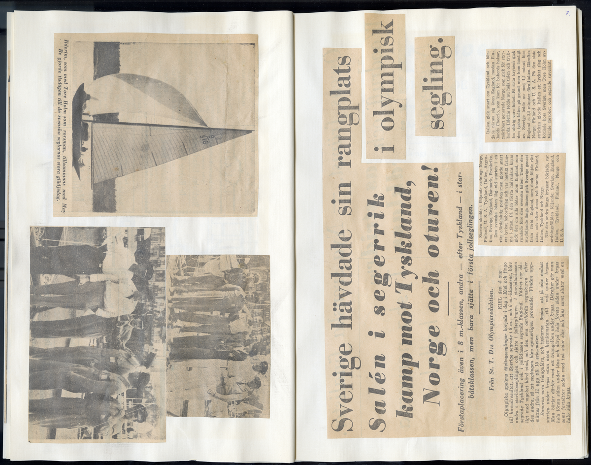 Sida ur Detlow von Brauns fotoalbum. Tidningsurklipp om olympiaden i Berlin och Kiel 1936.