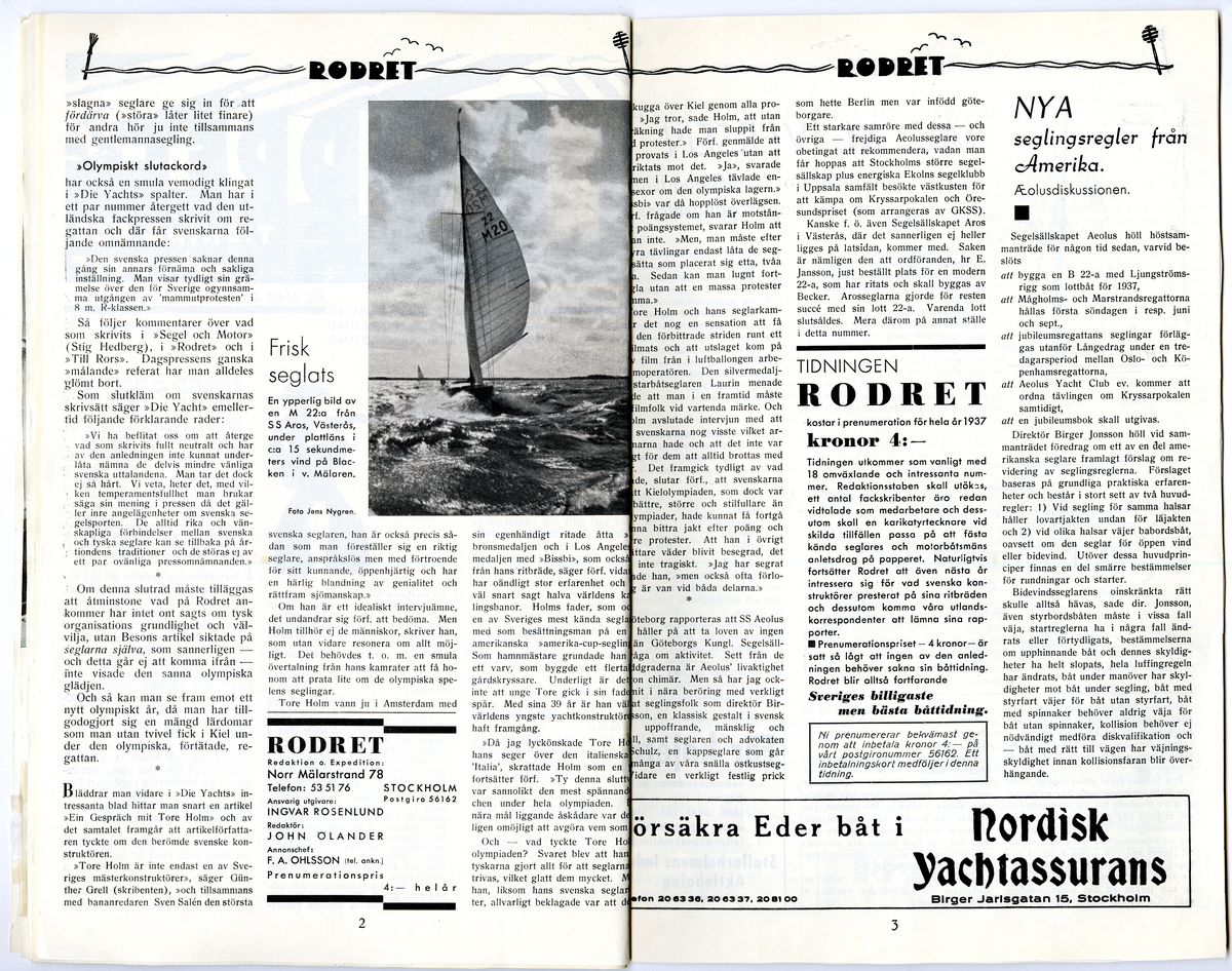 Sida ur Detlow von Brauns fotoalbum. Tidningsartiklar om olypiaden från tidningarna Seglarbladet och Rodret.