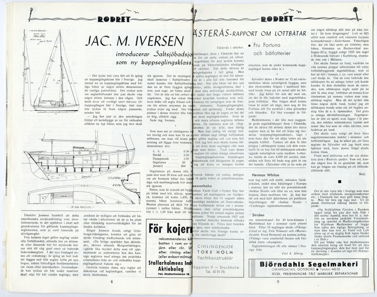 Sida ur Detlow von Brauns fotoalbum. Tidningsartiklar om olypiaden från tidningarna Seglarbladet och Rodret.