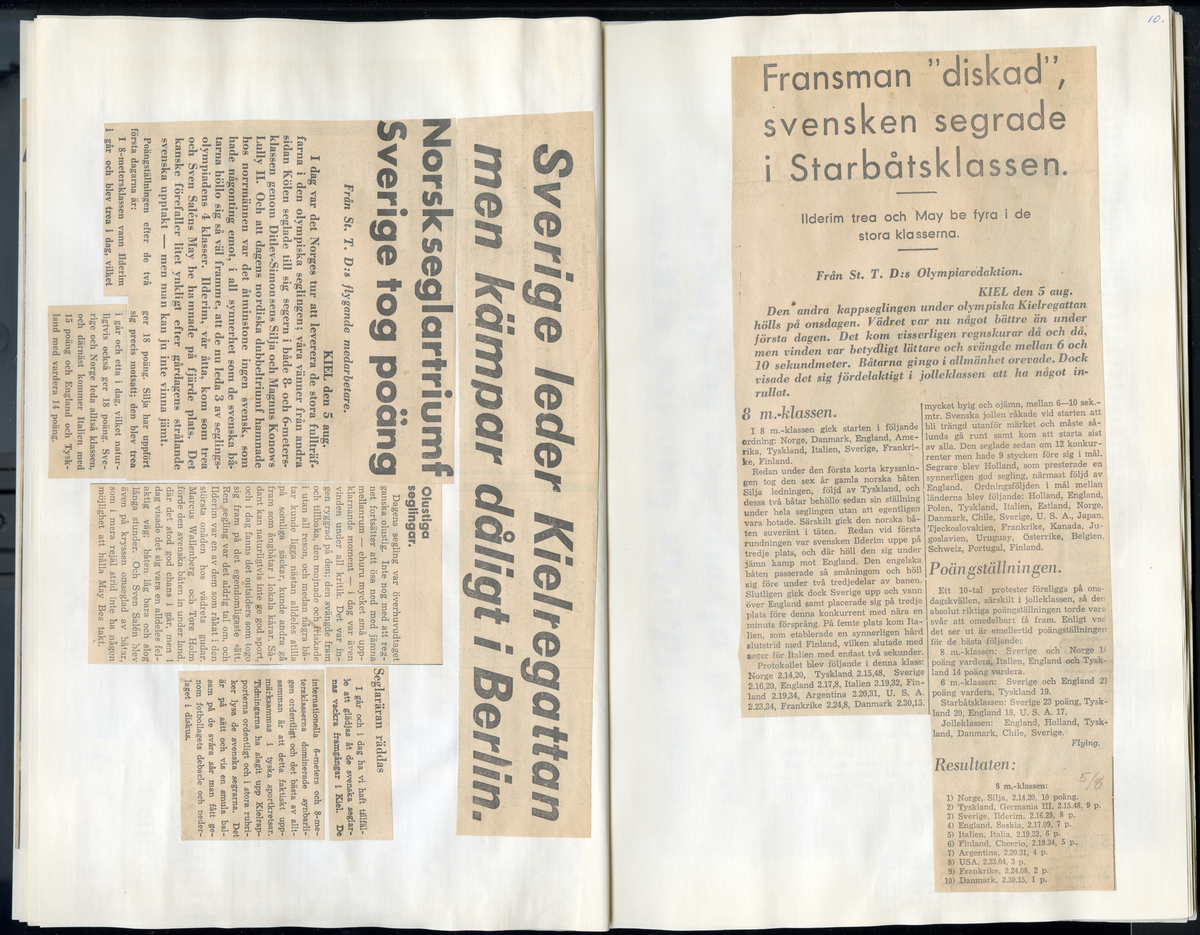 Sida ur Detlow von Brauns fotoalbum. Tidningsurklipp om olympiaden i Berlin och Kiel 1936.