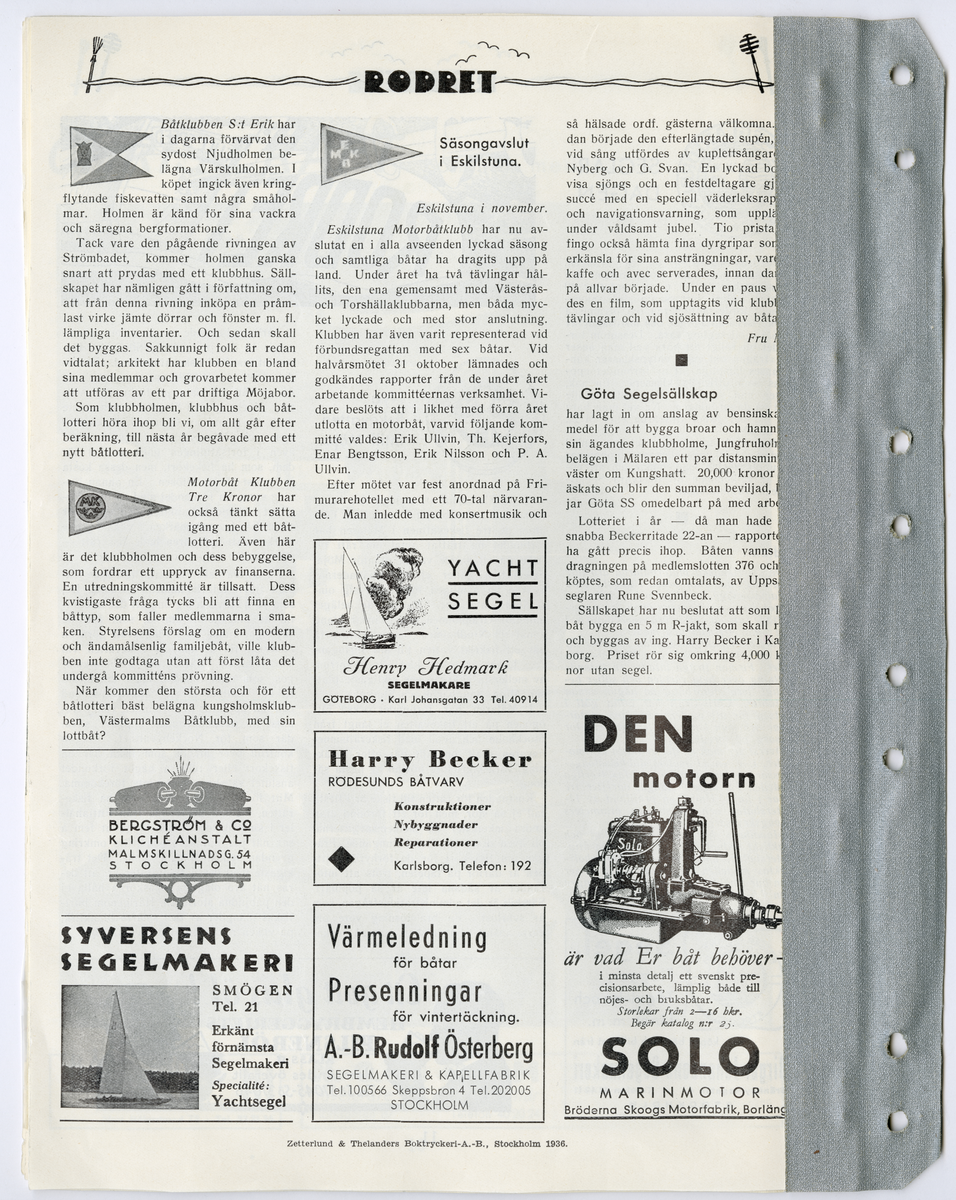 Sida ur Detlow von Brauns fotoalbum. Tidningsartiklar om olypiaden från tidningarna Seglarbladet och Rodret.