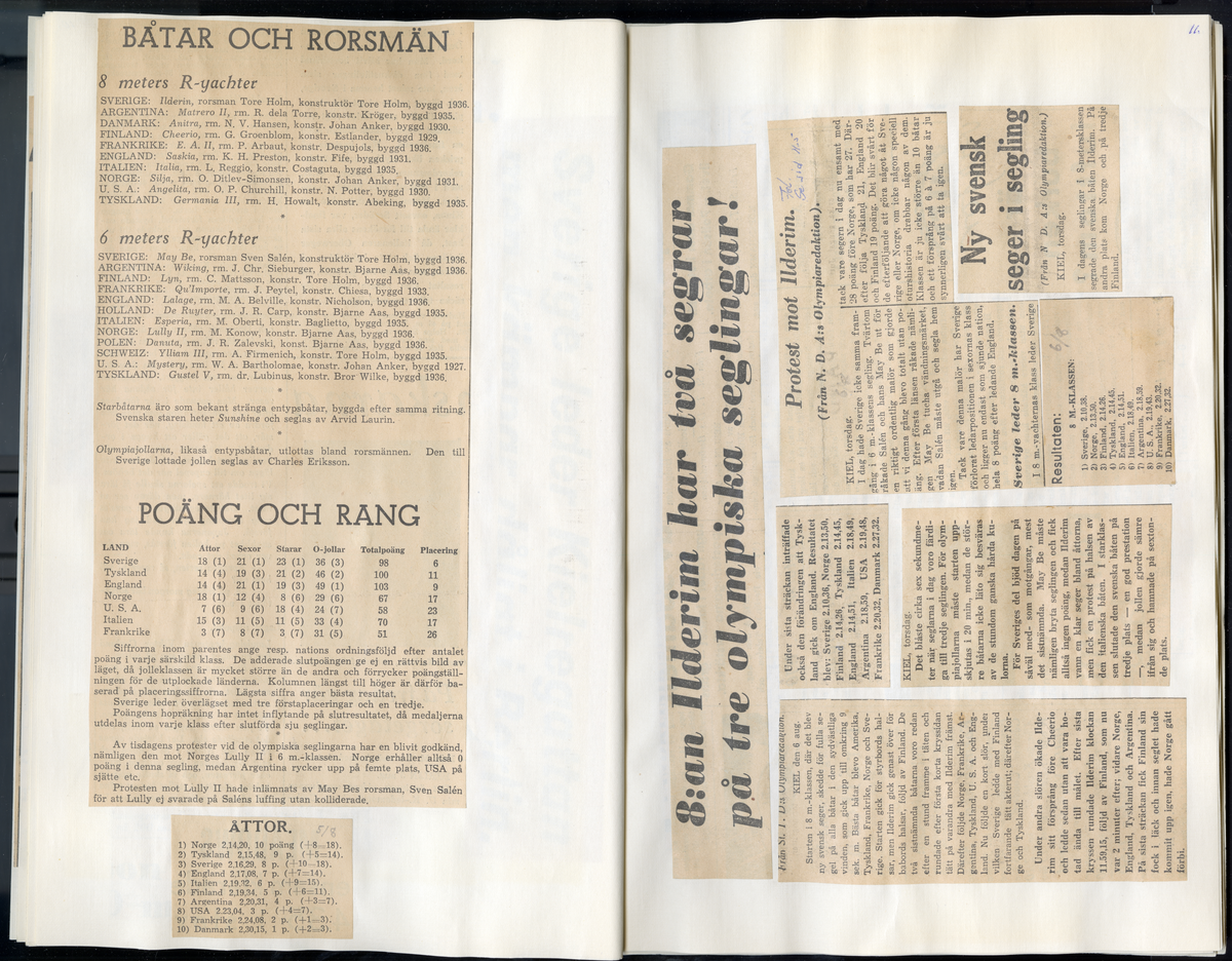 Sida ur Detlow von Brauns fotoalbum. Tidningsurklipp om olympiaden i Berlin och Kiel 1936.