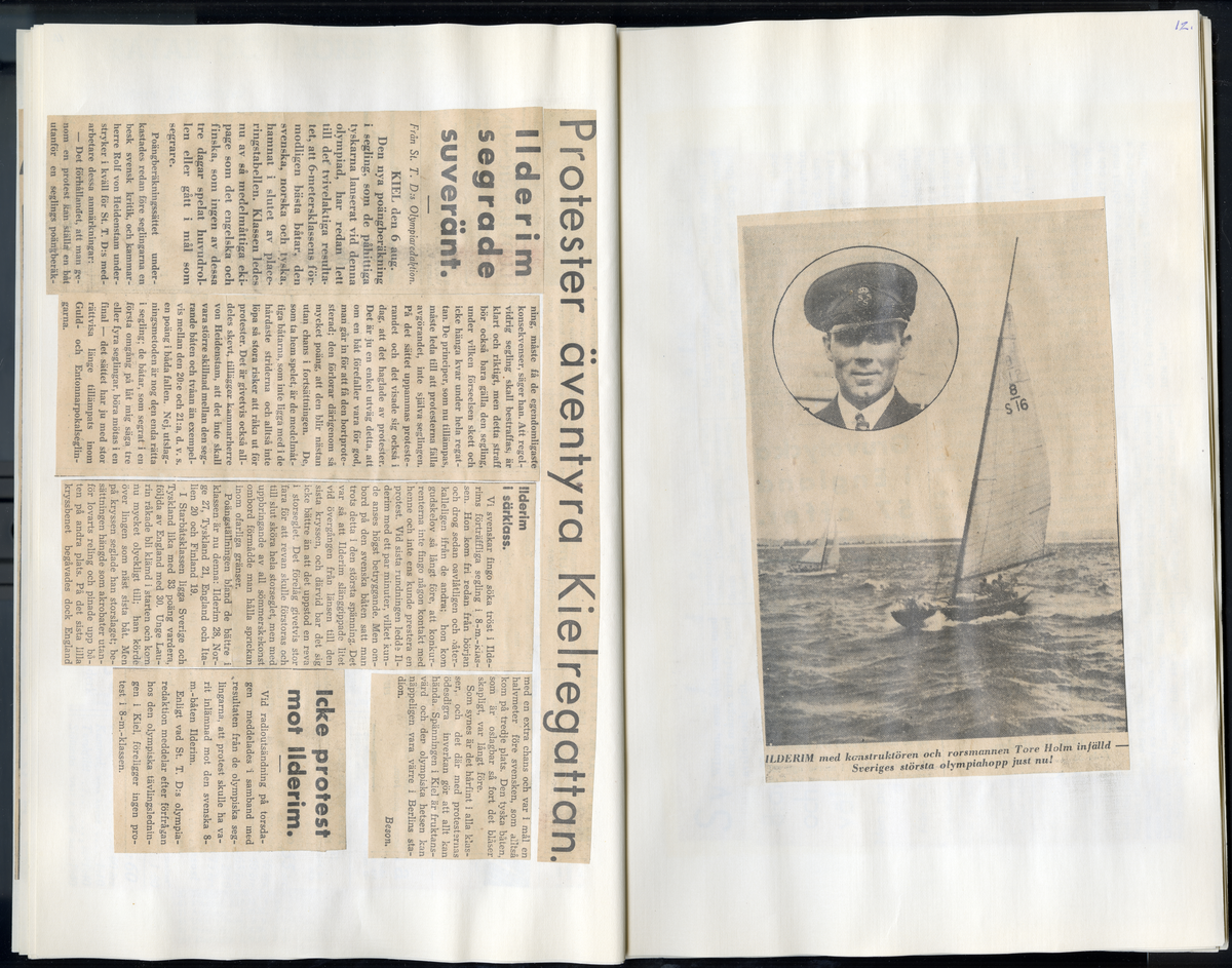 Sida ur Detlow von Brauns fotoalbum. Tidningsurklipp om olympiaden i Berlin och Kiel 1936.