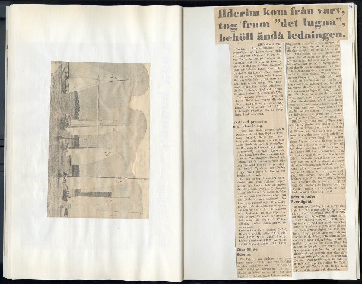 Sida ur Detlow von Brauns fotoalbum. Tidningsurklipp om olympiaden i Berlin och Kiel 1936.