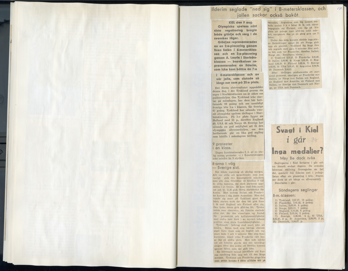 Sida ur Detlow von Brauns fotoalbum. Tidningsurklipp om olympiaden i Berlin och Kiel 1936.