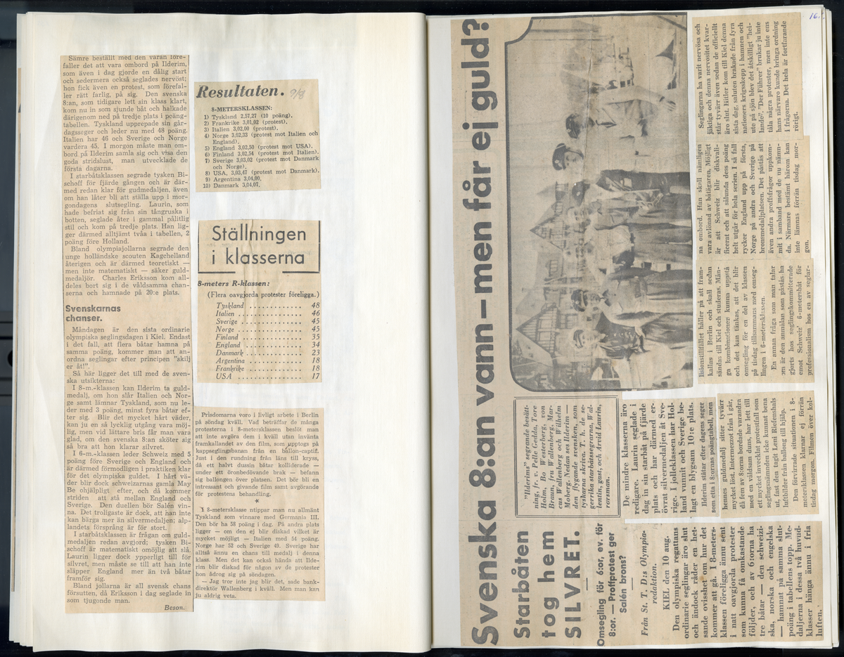 Sida ur Detlow von Brauns fotoalbum. Tidningsurklipp om olympiaden i Berlin och Kiel 1936.