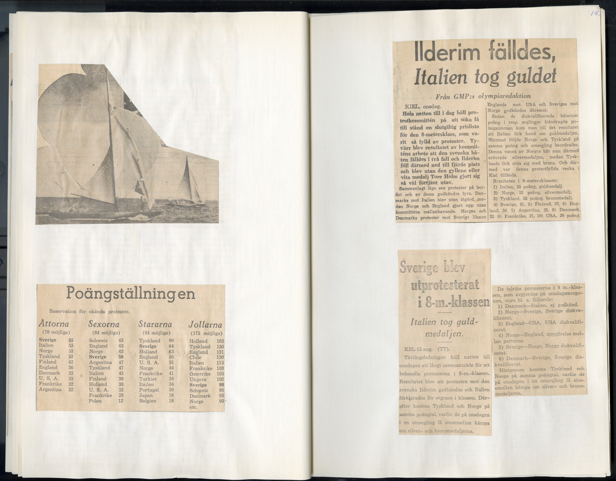 Sida ur Detlow von Brauns fotoalbum. Tidningsurklipp om olympiaden i Berlin och Kiel 1936.