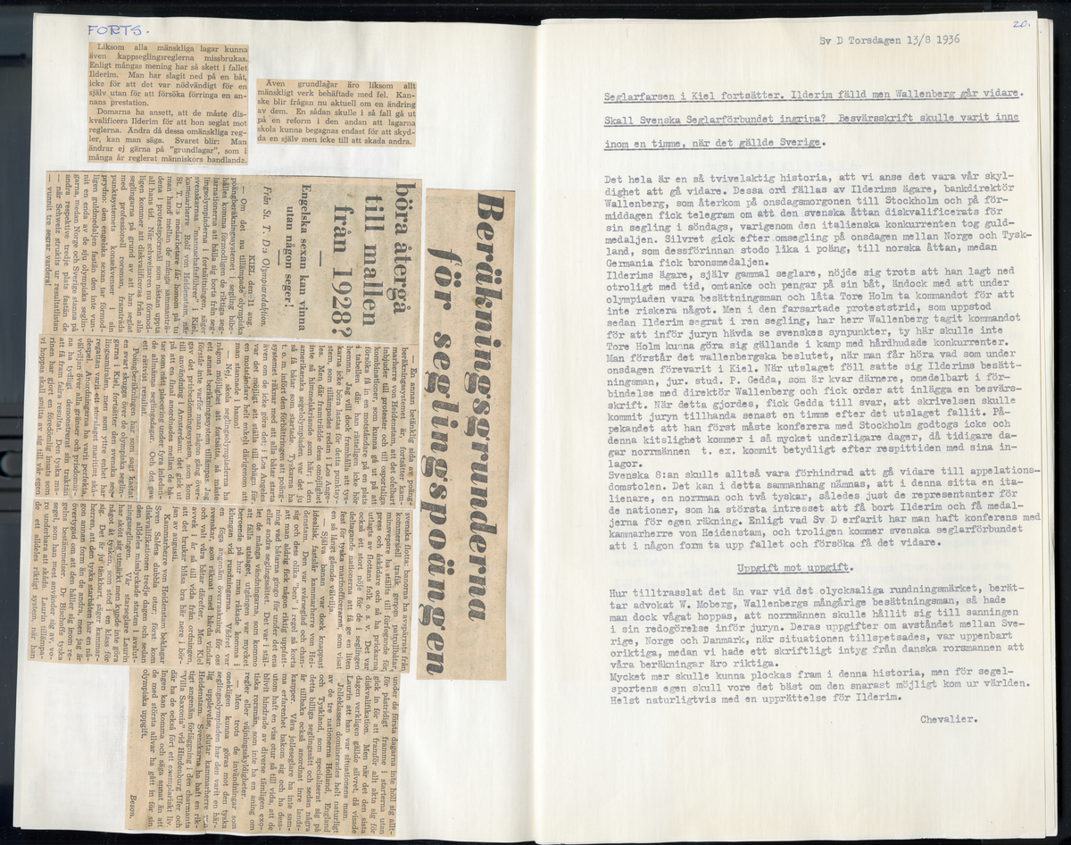 Sida ur Detlow von Brauns fotoalbum. Tidningsurklipp om olympiaden i Berlin och Kiel 1936.