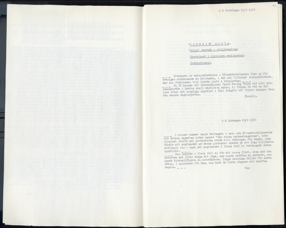 Sida ur Detlow von Brauns fotoalbum. Tidningsurklipp om olympiaden i Berlin och Kiel 1936.