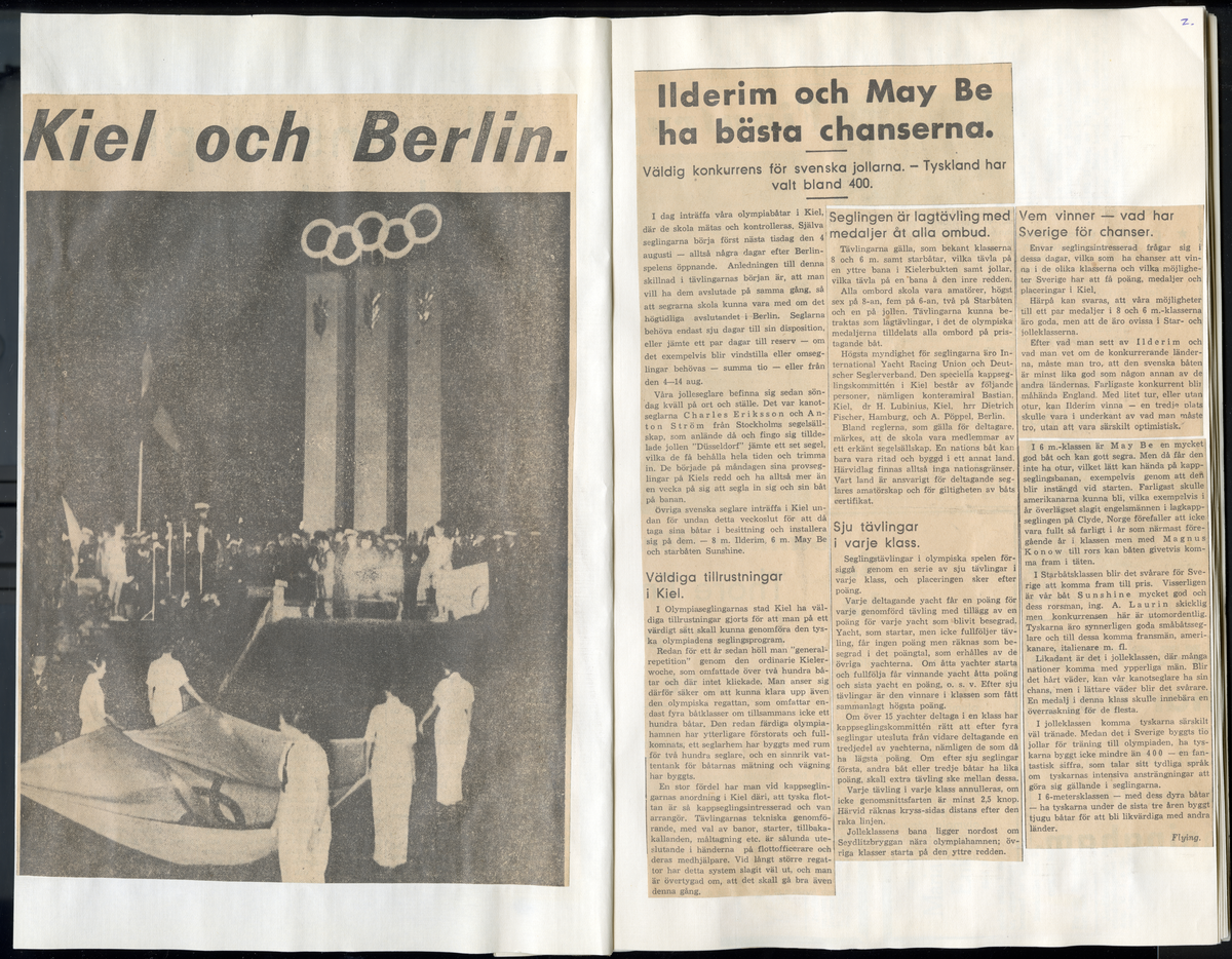 Sida ur Detlow von Brauns fotoalbum. Tidningsurklipp om olympiaden i Berlin och Kiel 1936.