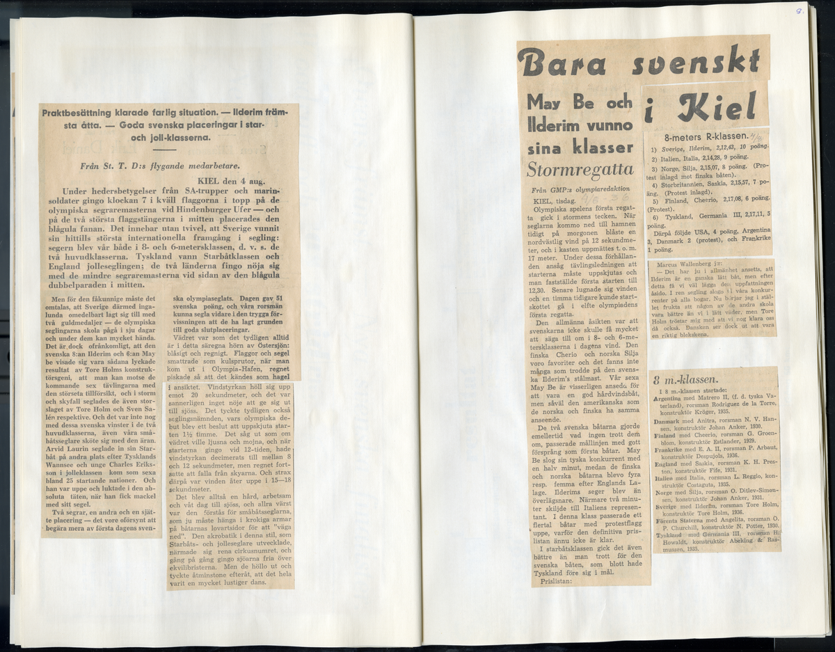 Sida ur Detlow von Brauns fotoalbum. Tidningsurklipp om olympiaden i Berlin och Kiel 1936.