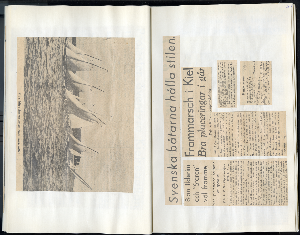 Sida ur Detlow von Brauns fotoalbum. Tidningsurklipp om olympiaden i Berlin och Kiel 1936.