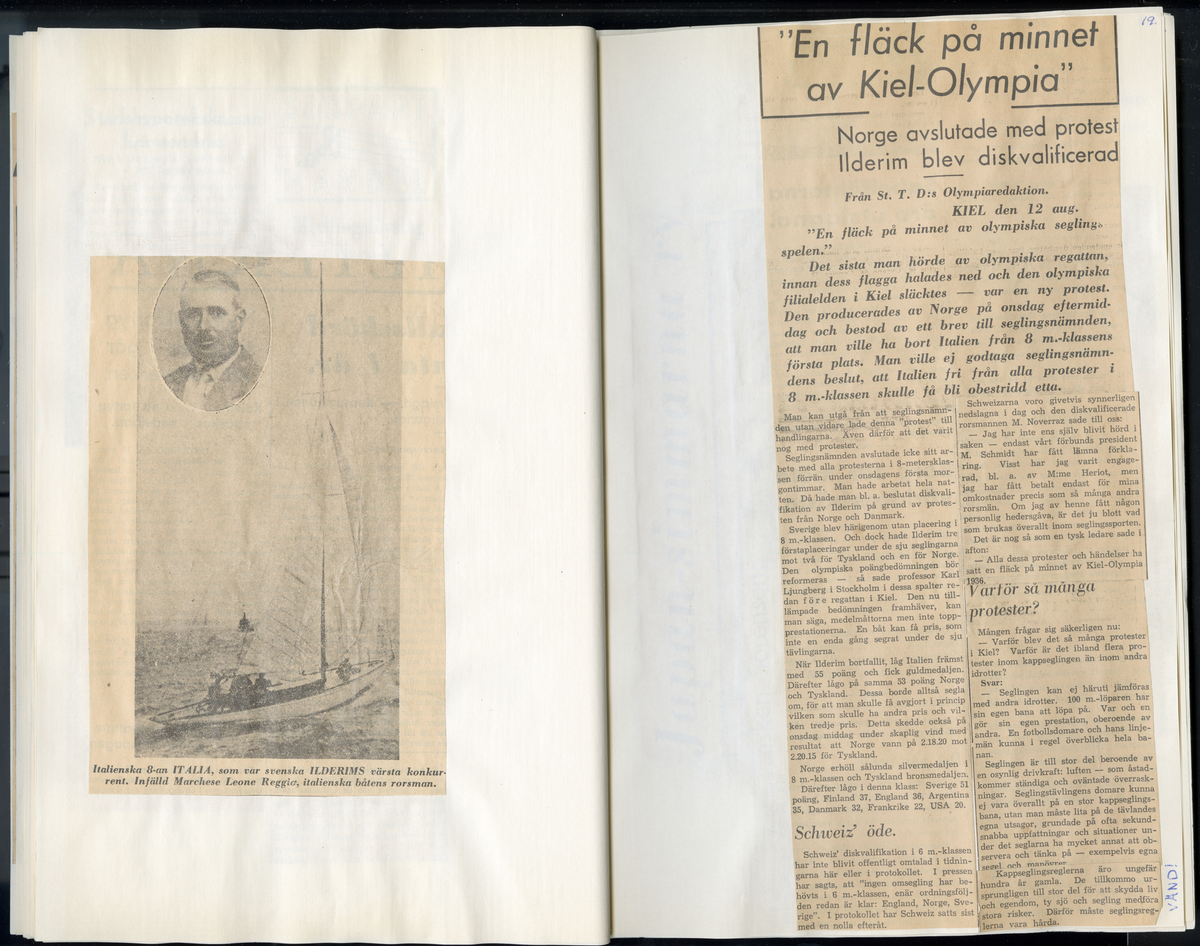 Sida ur Detlow von Brauns fotoalbum. Tidningsurklipp om olympiaden i Berlin och Kiel 1936.